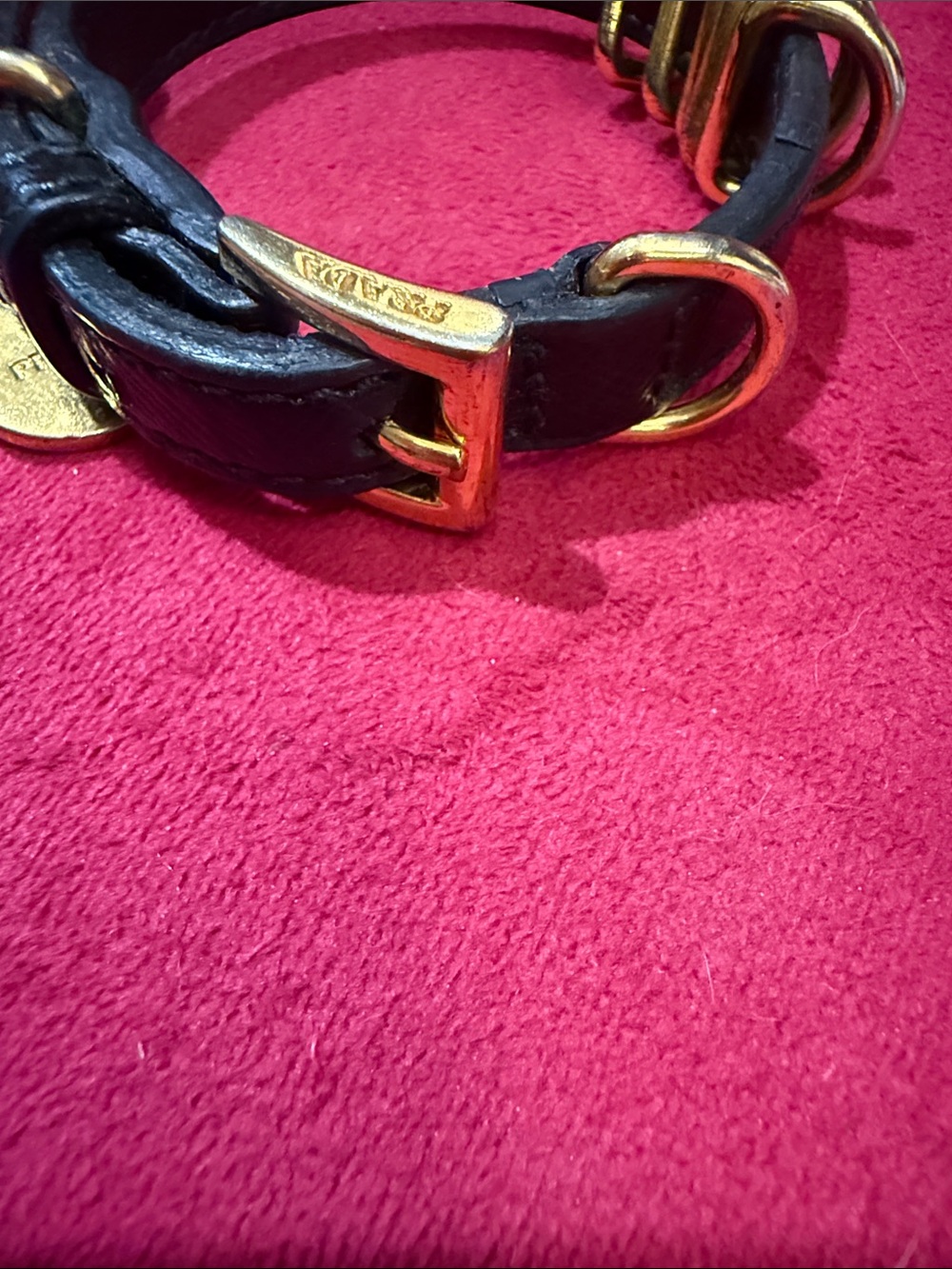 Prada Black Saffiano Leather Bracelet with Gold Disc Charm - Picture 5 of 10
